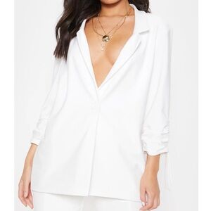 White Ruched Sleeve Blazer